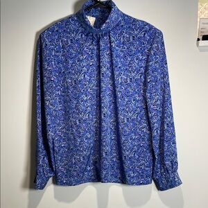 Vintage Pendleton Blue Floral Blouse with Mock Neck
